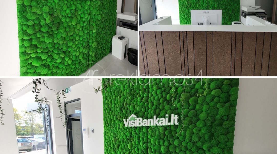 įmonės logo netradicinė iškaba su LED apšvietimu gyvoje sienoje